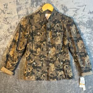 NWT EUC Sequin Hearts Button Down Camo Jacket Women’s Small